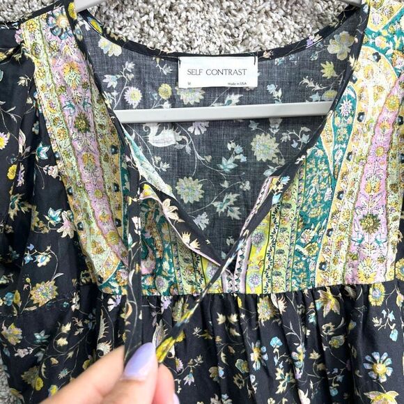 Self Contrast Top Women’s M Black and Yellow Patterned Short Sleeve Blouse - Picture 3 of 5